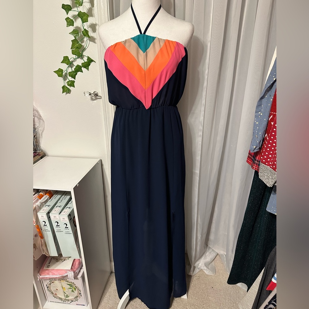 Jealous Tomato Halter Maxi Sundress with sheer overlay and tassel ties size M